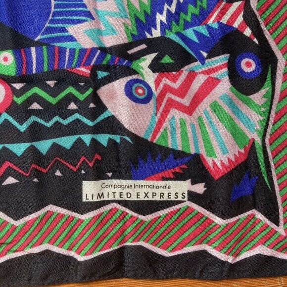Vintage Limited Express Fish Scarf Blue Pink 30 inch Square Geometric Bold Print - Picture 3 of 6
